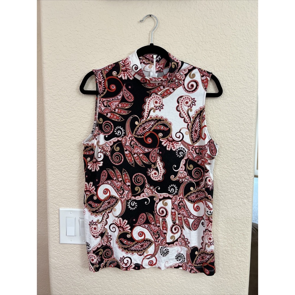Chico's Mock Neck Sleeveless Top Paisley Floral Stretch Sz 2‎ (L) Career Casual